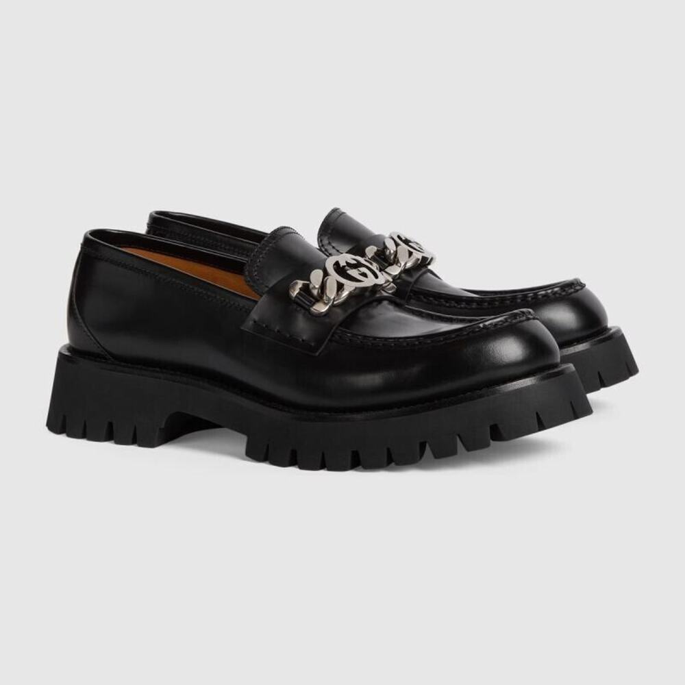 Gucci Interlocking G Chain 10.5/ US 11 Loafers Black Leather Lug Sole Shoes NIB - Picture 2 of 16